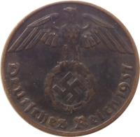Germany coin 1 Reichspfennig (1936 - 1940) obverse obverse of 1 Reichspfennig (1936 - 1940) coin with KM# 89 from Germany. Inscription: Deutsches Reich 1938