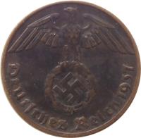 obverse of 1 Reichspfennig (1936 - 1940) coin with KM# 89 from Germany. Inscription: Deutsches Reich 1938