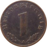 reverse of 1 Reichspfennig (1936 - 1940) coin with KM# 89 from Germany. Inscription: Reichspfennig 1 A