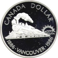 Canada coin 1 Dollar - Elizabeth II - Vancouver (1986) reverse reverse of 1 Dollar - Elizabeth II - Vancouver (1986) coin with KM# 149 from Canada. Inscription: CANADA DOLLAR 1886 · VANCOUVER · 1986