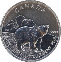 reverse of 5 Dollars - Elizabeth II - Grizzly Bear (2011) coin with KM# 1109 from Canada. Inscription: CANADA WW 9999 FINE SILVER 1 OZ ARGENT PUR