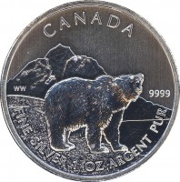 Canada coin 5 Dollars - Elizabeth II - Grizzly Bear (2011) reverse reverse of 5 Dollars - Elizabeth II - Grizzly Bear (2011) coin with KM# 1109 from Canada. Inscription: CANADA WW 9999 FINE SILVER 1 OZ ARGENT PUR
