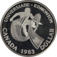 Canada coin 1 Dollar - Elizabeth II - World University Games (1983) reverse reverse of 1 Dollar - Elizabeth II - World University Games (1983) coin with KM# 138 from Canada. Inscription: UNIVERSIADE - EDMONTON CANADA 1983 DOLLAR