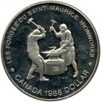 Canada coin 1 Dollar - Elizabeth II - Saint-Maurice Ironworks (1988) reverse reverse of 1 Dollar - Elizabeth II - Saint-Maurice Ironworks (1988) coin with KM# 161 from Canada. Inscription: LES FORGES DU SAINT-MAURICE IRONWORKS RRC CANANDA 1988 DOLLAR