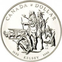 Canada coin 1 Dollar - Elizabeth II - Henry Kelsey (1990) reverse reverse of 1 Dollar - Elizabeth II - Henry Kelsey (1990) coin with KM# 170 from Canada. Inscription: CANADA DOLLAR DJC 1690 KELSEY 1990