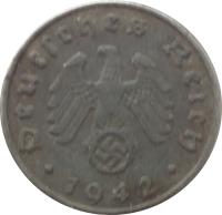 Germany coin 5 Reichspfennig (1940 - 1944) obverse obverse of 5 Reichspfennig (1940 - 1944) coin with KM# 100 from Germany. Inscription: Deutsches Reich 1942