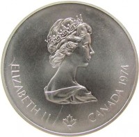 obverse of 5 Dollars - Elizabeth II - Canoeing (1974) coin with KM# 92 from Canada. Inscription: ELIZABETH II CANADA 1974