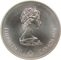 Canada coin 5 Dollars - Elizabeth II - Canoeing (1974) obverse obverse of 5 Dollars - Elizabeth II - Canoeing (1974) coin with KM# 92 from Canada. Inscription: ELIZABETH II CANADA 1974