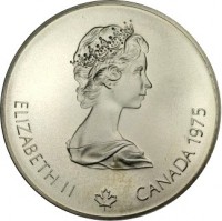Canada coin 5 Dollars - Elizabeth II - Swimming (1975) obverse obverse of 5 Dollars - Elizabeth II - Swimming (1975) coin with KM# 100 from Canada. Inscription: ELIZABETH II CANADA 1975