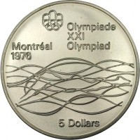 Canada coin 5 Dollars - Elizabeth II - Swimming (1975) reverse reverse of 5 Dollars - Elizabeth II - Swimming (1975) coin with KM# 100 from Canada.