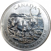 reverse of 5 Dollars - Elizabeth II - Pronghorn Antelope (2013) coin with KM# 1297 from Canada. Inscription: CANADA 9999 ED FINE SILVER 1 OZ ARGENT PUR