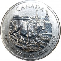 Canada coin 5 Dollars - Elizabeth II - Pronghorn Antelope (2013) reverse reverse of 5 Dollars - Elizabeth II - Pronghorn Antelope (2013) coin with KM# 1297 from Canada. Inscription: CANADA 9999 ED FINE SILVER 1 OZ ARGENT PUR
