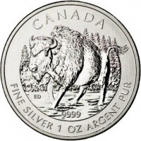 reverse of 5 Dollars - Elizabeth II - Wood Bison (2013) coin with KM# 1434 from Canada. Inscription: CANADA ED 9999 FINE SILVER 1 OZ ARGENT PUR