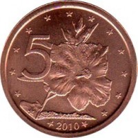 Cook Islands coin 5 Cents - Elizabeth II - 4'th Portrait (2010) reverse reverse of 5 Cents - Elizabeth II - 4'th Portrait (2010) coin with KM# 758 from Cook Islands. Inscription: 5 2010