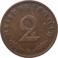 reverse of 2 Reichspfennig (1936 - 1940) coin with KM# 90 from Germany. Inscription: 2 Reichspfennig G