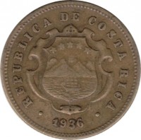 obverse of 10 Céntimos (1936 - 1941) coin with KM# 174 from Costa Rica. Inscription: .REPUBLICA DE COSTA RICA. 1936