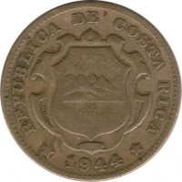 obverse of 25 Céntimos (1944 - 1946) coin with KM# 181 from Costa Rica. Inscription: REPUBLICA DE COSTA RICA 1944