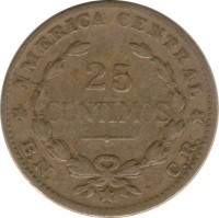 Costa Rica coin 25 Céntimos (1944 - 1946) reverse reverse of 25 Céntimos (1944 - 1946) coin with KM# 181 from Costa Rica. Inscription: AMERICA CENTRAL 25 CENTIMOS B.N. C.R.