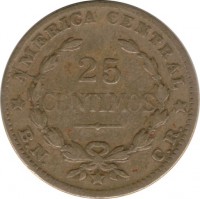 reverse of 25 Céntimos (1944 - 1946) coin with KM# 181 from Costa Rica. Inscription: AMERICA CENTRAL 25 CENTIMOS B.N. C.R.