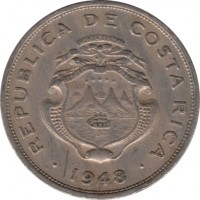 obverse of 50 Céntimos (1948) coin with KM# 182 from Costa Rica. Inscription: REPUBLICA DE COSTA RICA . 1948 .