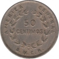 Costa Rica coin 50 Céntimos (1948) reverse reverse of 50 Céntimos (1948) coin with KM# 182 from Costa Rica. Inscription: AMERICA CENTRAL 50 CENTIMOS B.N.C.R