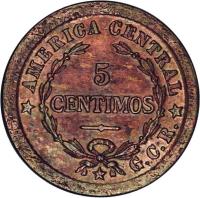 reverse of 5 Céntimos (1920 - 1941) coin with KM# 151 from Costa Rica. Inscription: C *AMERICA CENTRAL* R 5 CENTIMOS G.C.R.