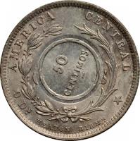 Costa Rica coin 50 Céntimos - Counterstamped Coinage (1890 - 1923) reverse reverse of 50 Céntimos - Counterstamped Coinage (1890 - 1923) coin with KM# 159 from Costa Rica. Inscription: AMERICA CENTRAL 50 CENTIMOS 9DS. HEATON BIRMM.