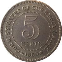 reverse of 5 Cents - George VI (1948 - 1950) coin with KM# 7 from Malaya. Inscription: COMMISSIONERS OF CURRENCY MALAYA 5 CENTS *1950*