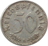 reverse of 50 Reichspfennig (1939 - 1944) coin with KM# 96 from Germany. Inscription: 50 Reichspfennig A