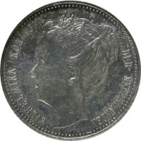 obverse of 1/4 Gulden - Wilhelmina (1900) coin with KM# 35 from Curaçao. Inscription: WILHELMINA KONINGIN DER NEDERLANDEN