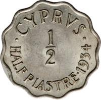 Cyprus coin 1/2 Piastre - George V (1934) reverse reverse of 1/2 Piastre - George V (1934) coin with KM# 20 from Cyprus. Inscription: · CYPRVS · 1 2 HALF PIASTRE · 1934