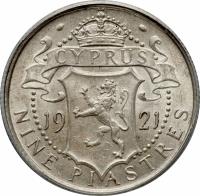 reverse of 9 Piastres - George V (1913 - 1921) coin with KM# 13 from Cyprus. Inscription: CYPRUS 19 21 NINE PIASTRES