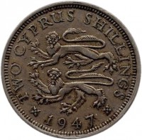 Cyprus coin 2 Shillings - George VI (1947) reverse reverse of 2 Shillings - George VI (1947) coin with KM# 28 from Cyprus. Inscription: TWO CYPRUS SHILLINGS * 1947 *