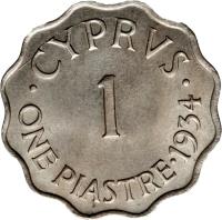 reverse of 1 Piastre - George V (1934) coin with KM# 21 from Cyprus. Inscription: · CYPRVS · 1 ONE PIASTRE · 1934