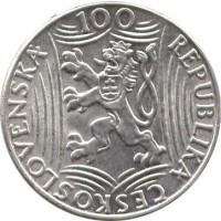 obverse of 100 Korún - Josef V. Stalin (1949) coin with KM# 30 from Czechoslovakia. Inscription: 100 REPUBLIKA ČESKOSLOVENSKÁ