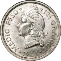 Dominican Republic coin 1/2 Peso (1937 - 1961) reverse reverse of 1/2 Peso (1937 - 1961) coin with KM# 21 from Dominican Republic. Inscription: MEDIO PESO 12½ GRAMOS 1960