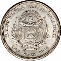 obverse of 1 Peso (1892 - 1914) coin with KM# 115 from El Salvador. Inscription: REPUBLICA DEL SALVADOR 900 C.A.M. 1911