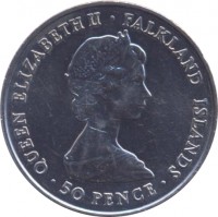 obverse of 50 Pence - Elizabeth II - Queen Mother (1980) coin with KM# 15 from Falkland Islands. Inscription: QUEEN ELIZABETH II · FALKLAND ISLANDS · 50 PENCE ·