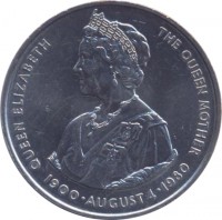 reverse of 50 Pence - Elizabeth II - Queen Mother (1980) coin with KM# 15 from Falkland Islands. Inscription: QUEEN ELIZABETH THE QUEEN MOTHER 1900 · AUGUST 4 · 1980