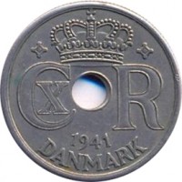 obverse of 25 Øre - Christian X (1941) coin with KM# 5 from Faroe Islands. Inscription: CX R 1941 DANMARK