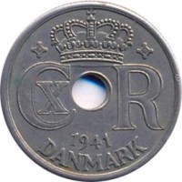 Faroe Islands coin 25 Øre - Christian X (1941) obverse obverse of 25 Øre - Christian X (1941) coin with KM# 5 from Faroe Islands. Inscription: CX R 1941 DANMARK