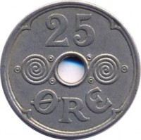 reverse of 25 Øre - Christian X (1941) coin with KM# 5 from Faroe Islands. Inscription: 25 ØRE