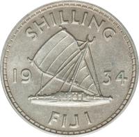 Fiji coin 1 Shilling - George V (1934 - 1936) reverse reverse of 1 Shilling - George V (1934 - 1936) coin with KM# 4 from Fiji. Inscription: SHILLING 19 34 FIJI