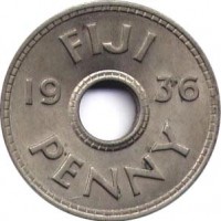 Fiji coin 1 Penny - Edward VIII (1936) reverse reverse of 1 Penny - Edward VIII (1936) coin with KM# 6 from Fiji. Inscription: FIJI 19 36 PENNY