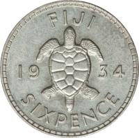 Fiji coin 6 Pence - George V (1934 - 1936) reverse reverse of 6 Pence - George V (1934 - 1936) coin with KM# 3 from Fiji. Inscription: FIJI 19 34 SIXPENCE