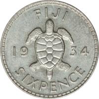 reverse of 6 Pence - George V (1934 - 1936) coin with KM# 3 from Fiji. Inscription: FIJI 19 34 SIXPENCE