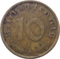 Germany coin 10 Reichspfennig (1936 - 1939) reverse reverse of 10 Reichspfennig (1936 - 1939) coin with KM# 92 from Germany. Inscription: 10 Reichspfennig D