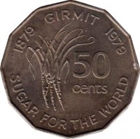 reverse of 50 Cents - Elizabeth II - FAO (1979) coin with KM# 44 from Fiji. Inscription: 1879 GIRMIT 1979 50 cents SUGAR FOR THE WORLD
