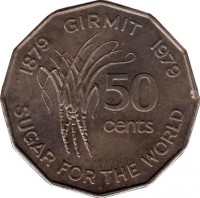 Fiji coin 50 Cents - Elizabeth II - FAO (1979) reverse reverse of 50 Cents - Elizabeth II - FAO (1979) coin with KM# 44 from Fiji. Inscription: 1879 GIRMIT 1979 50 cents SUGAR FOR THE WORLD