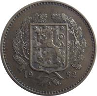 obverse of 10 Markkaa (1928 - 1939) coin with KM# 32a from Finland.